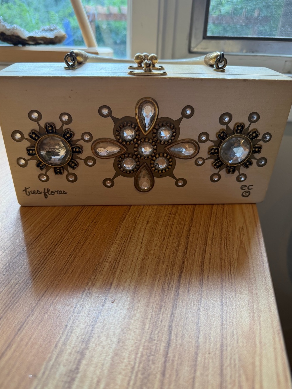 Vintage Enid Collins Tres Flores Jeweled Wood Box Purse